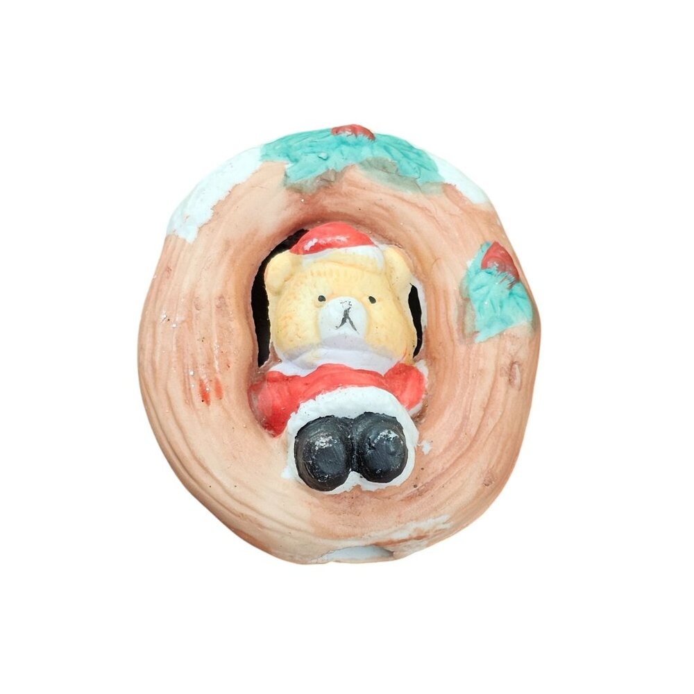 (A1379) Vintage Santa Bear Ceramic Wreath Christmas Holiday Ornament Handcrafted